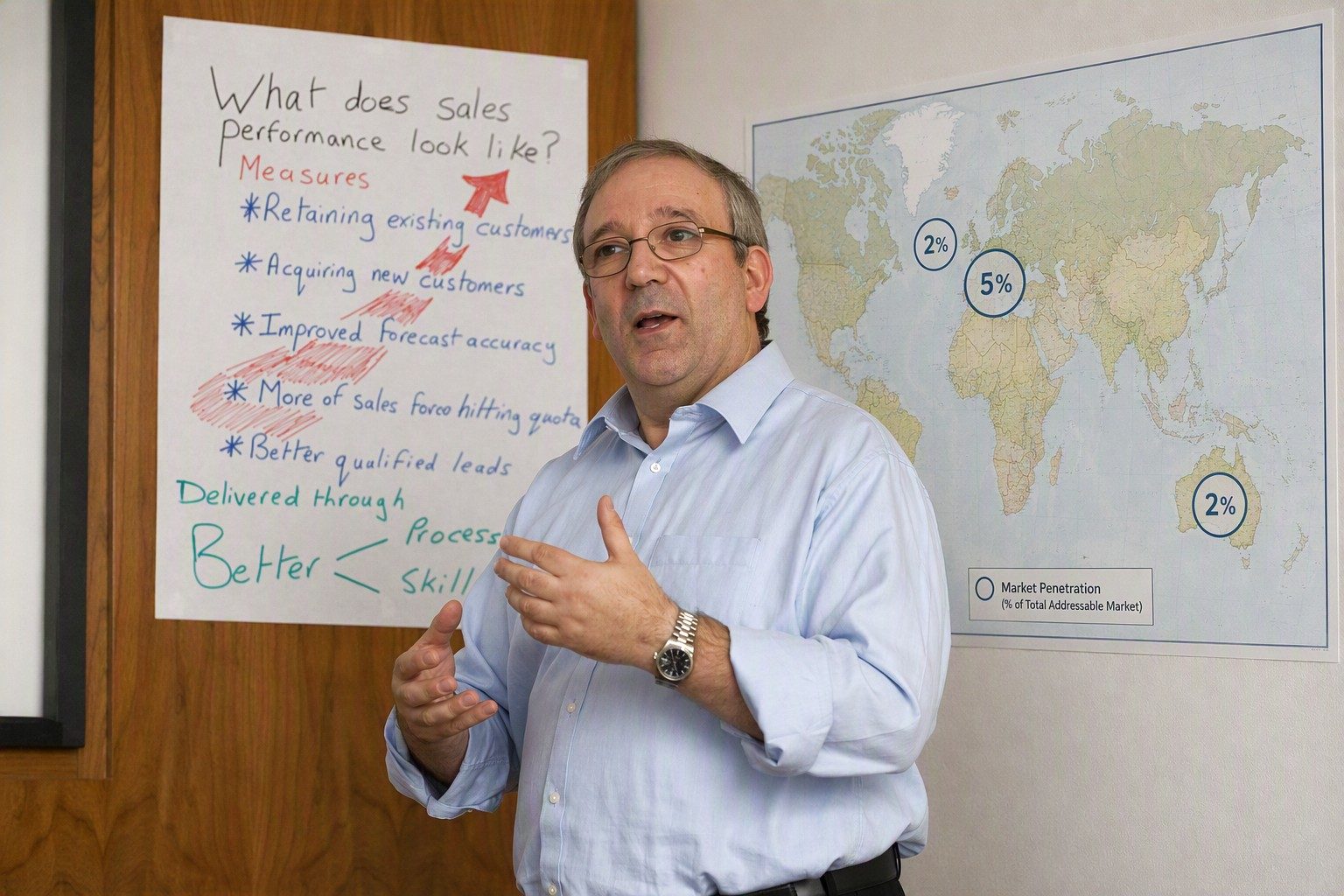 Stephen Newman at a flipchart asking what sales performance looks like